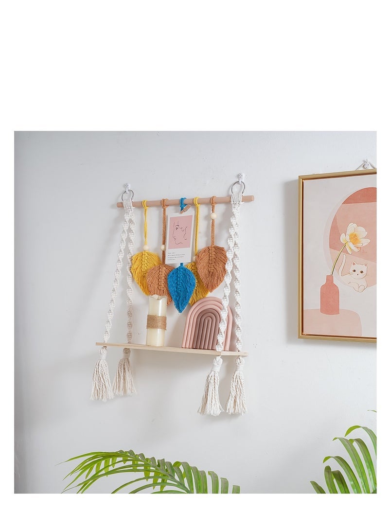 Macrame Wall Hanging Shelf, Boho Hanging Wall Decor Boho Shelf Woven Leaf Tapestry Shelf Boho Bookshelf Wood Floating Shelf for Bedroom Living Room Nursery Bathroom - Image 1